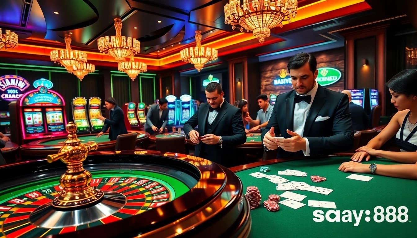 Experience the thrill of gaming with say88 at a luxurious casino featuring roulette and poker.