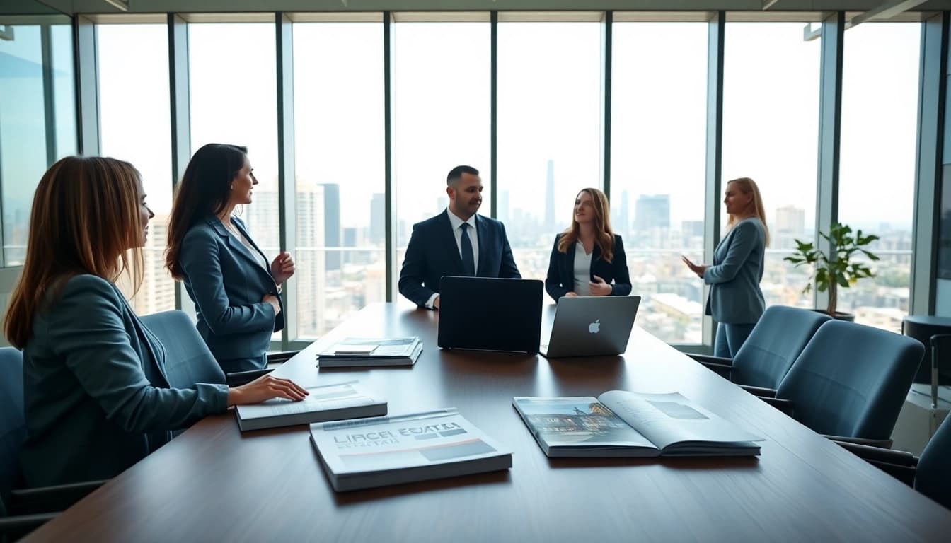 Engaging real estate environment with agents assisting clients in finding properties.