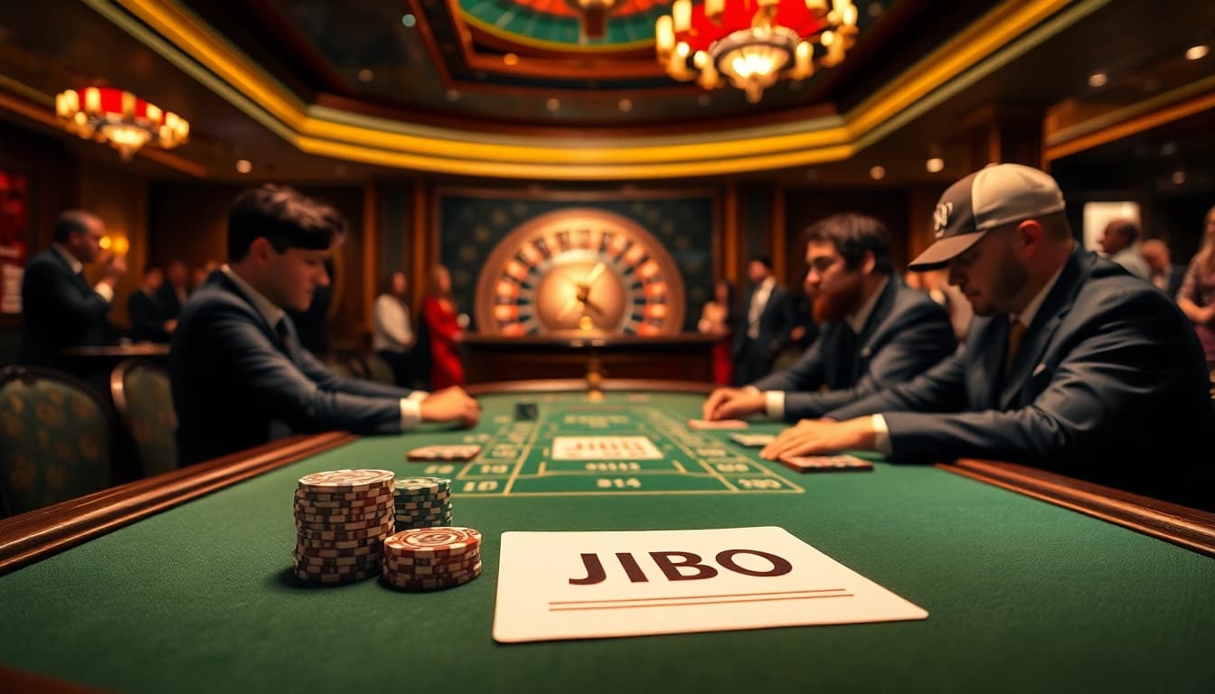 Experience the high-stakes intensity of JBO gambling with a dynamic poker game, spotlighting colorful chips and cards.