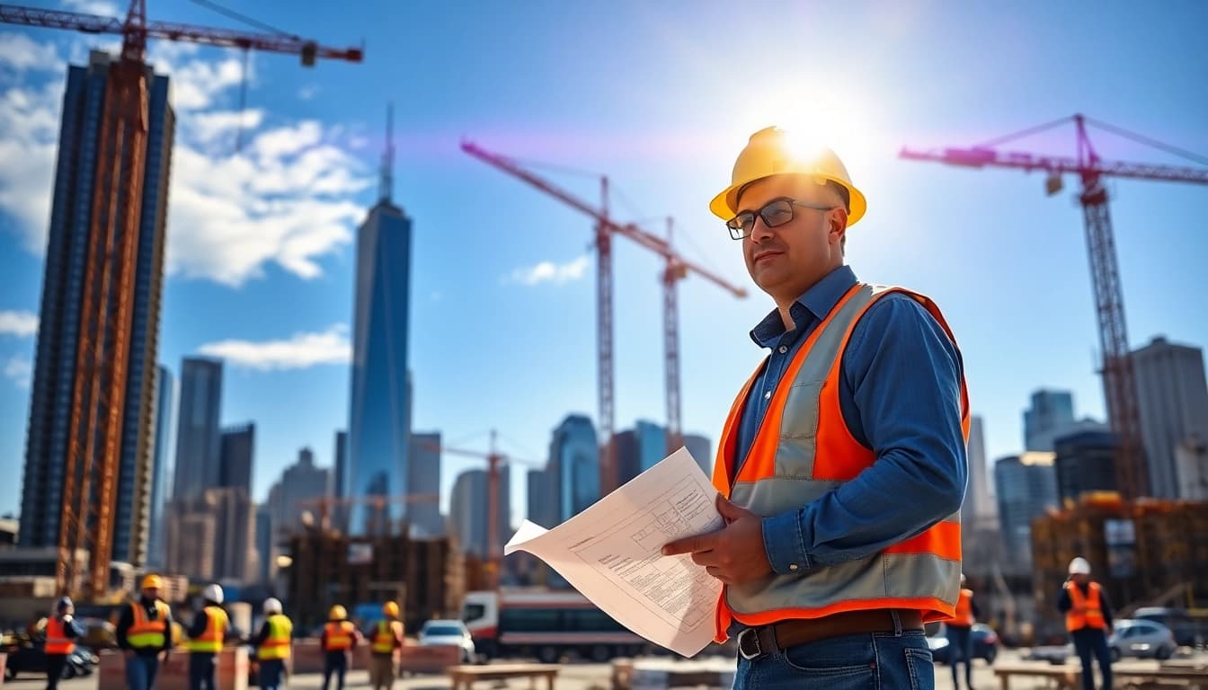 New York City Construction Manager guiding a dynamic construction site with cranes and energy.