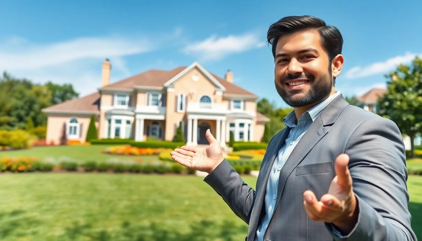 Real Estate agent showcasing a beautiful home with inviting architecture and landscaped yard.