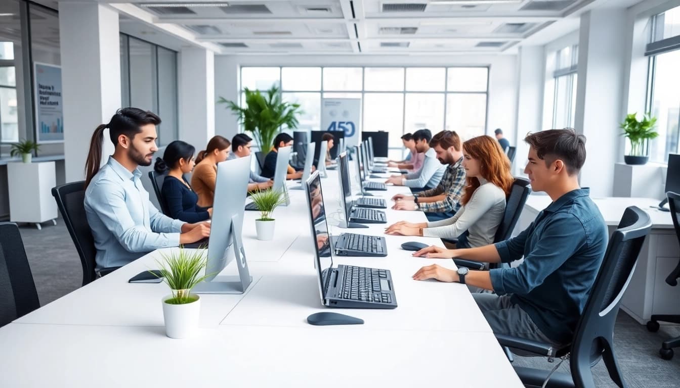 Individuals typing diligently in a modern typing center with ergonomic setups and natural lighting.