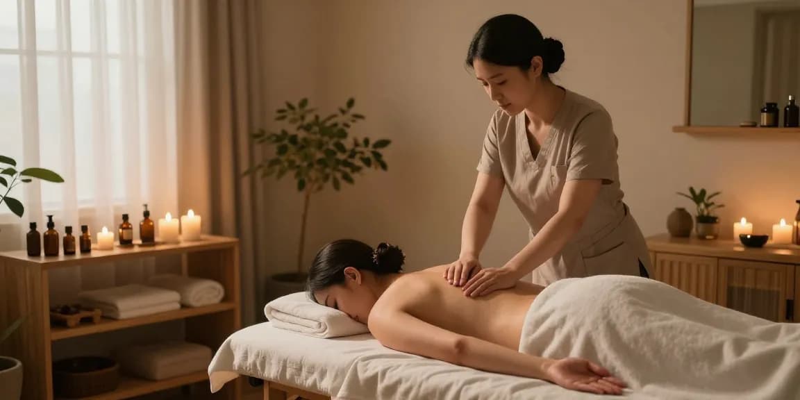 삼성동마사지에서의 편안한 스웨디시 마사지 장면, 아로마 오일과 촛불로 아늑한 분위기 연출