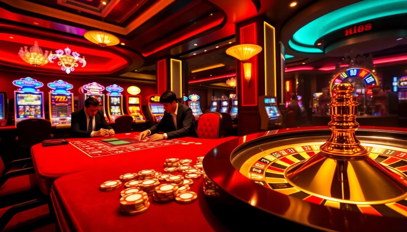 Experience the excitement of gambling at Hi88 with professional poker players and vibrant casino tables.
