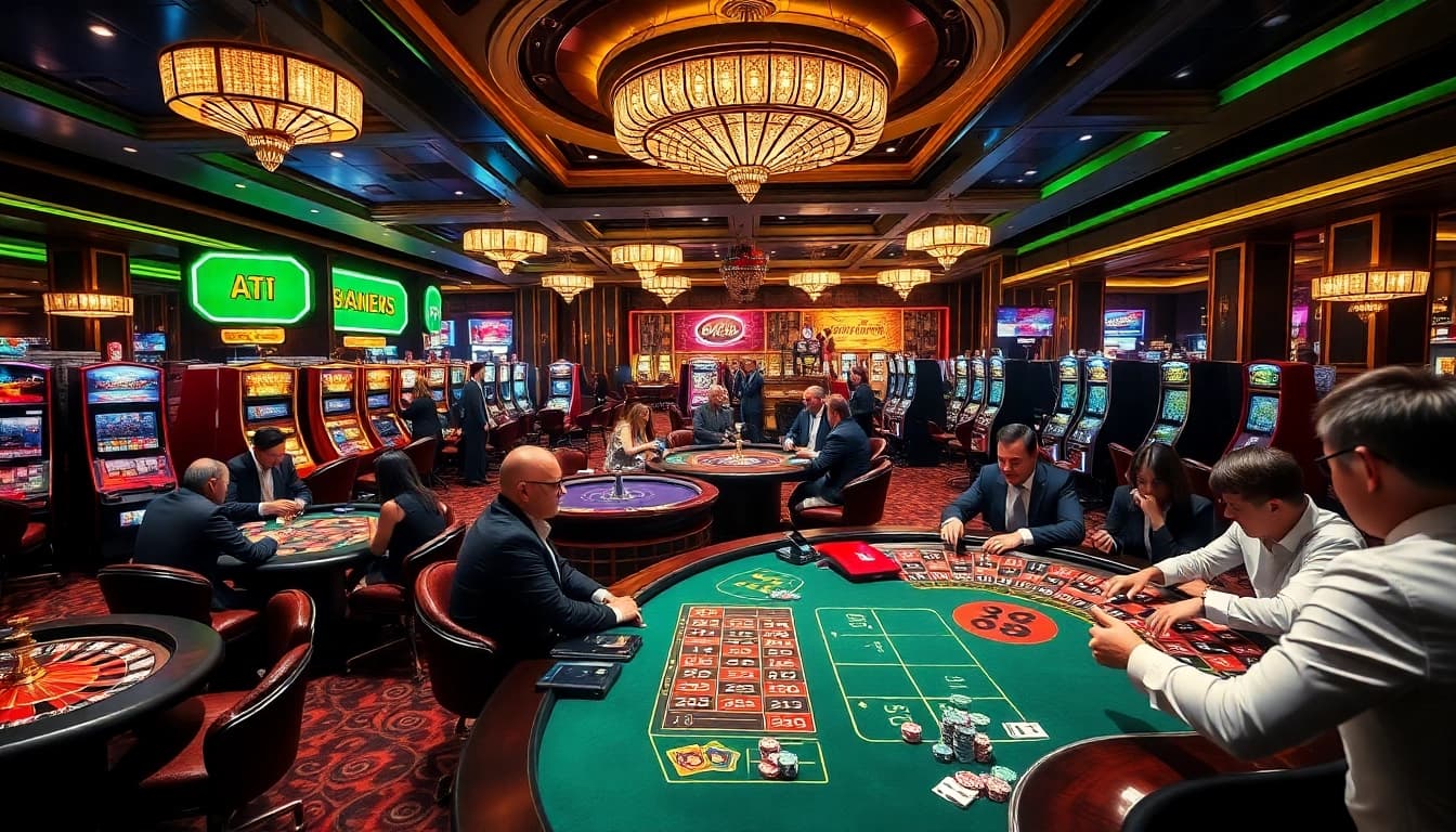 u88 players engaging at a luxurious casino poker table with vibrant roulette and slot machines.