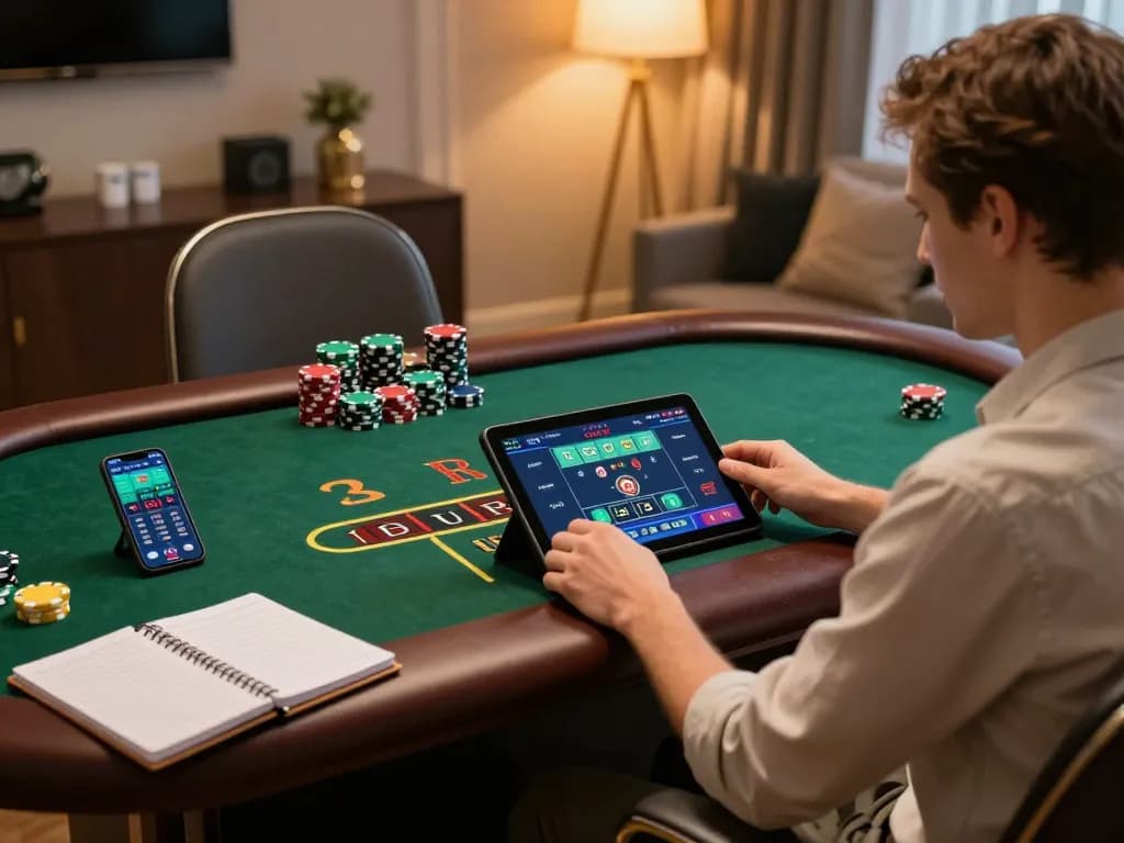 Engaged player using W188 app for live blackjack betting with stylish decor.