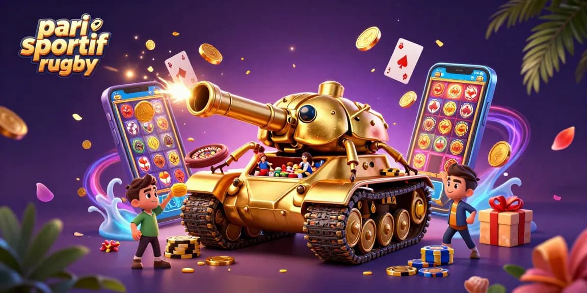 Pari sportif rugby intense avec des éléments de paris et un tank doré, offrant des cotes et jeux captivants.
