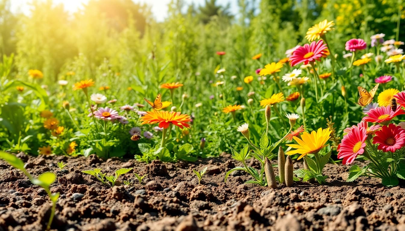 Gardening scene with vibrant flowers and vegetables showcasing growth and abundance.