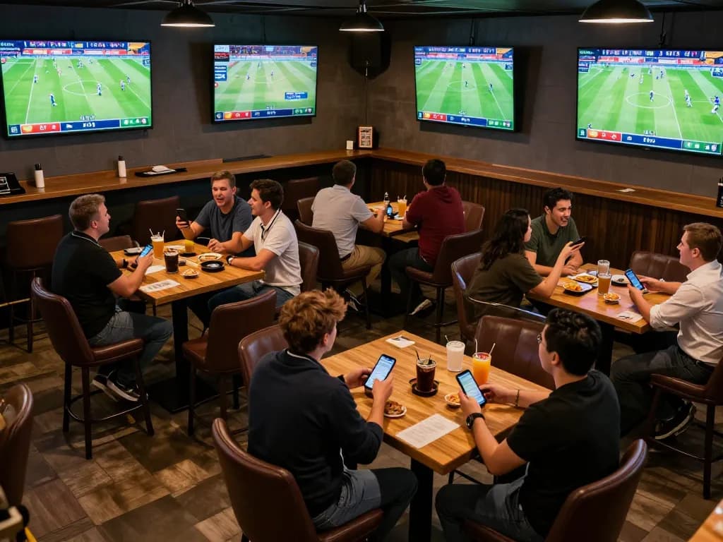 Okwintv users placing sports bets while enjoying live football matches in a lively bar atmosphere.