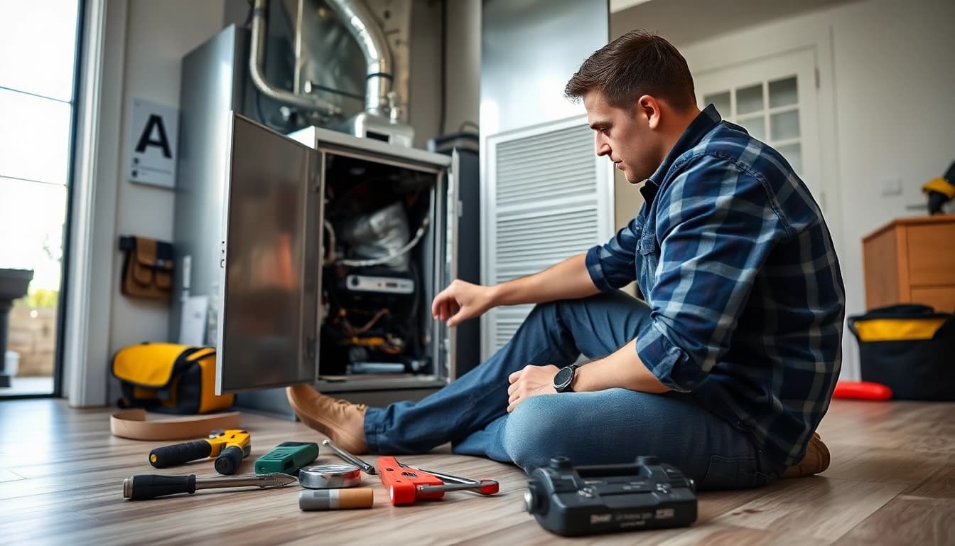 Technician providing heating repair goldens bridge services in a residential setting, showcasing expertise and efficiency.
