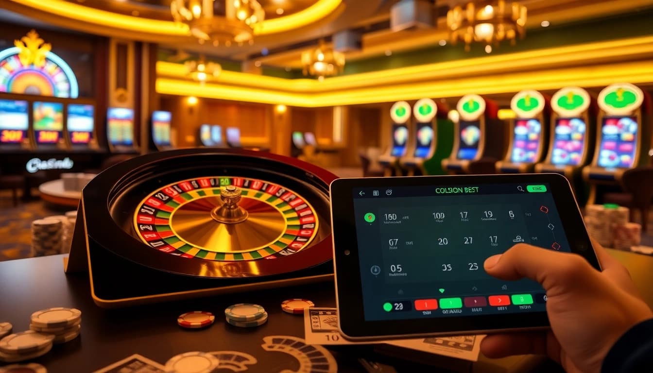 Vivez l'excitation du casino en ligne avec des jetons de poker vibrants et une roue de roulette numérique.