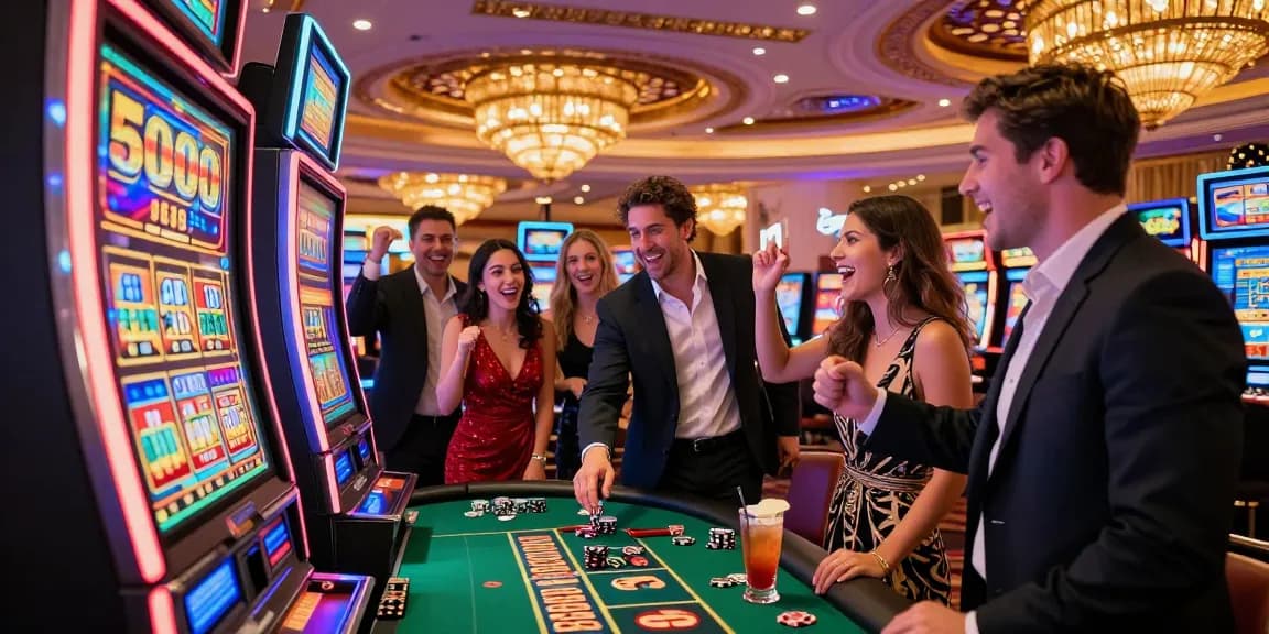 A thrilling moment at a Las Vegas casino with friends celebrating wins on slot 5000 machines amidst vibrant neon lights.