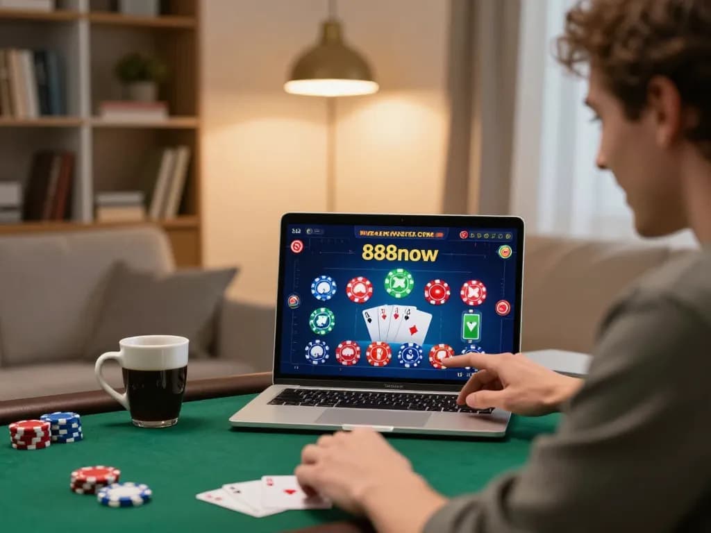 Engaged player enjoying online poker at home with 888now com, vibrant gaming interface on screen.