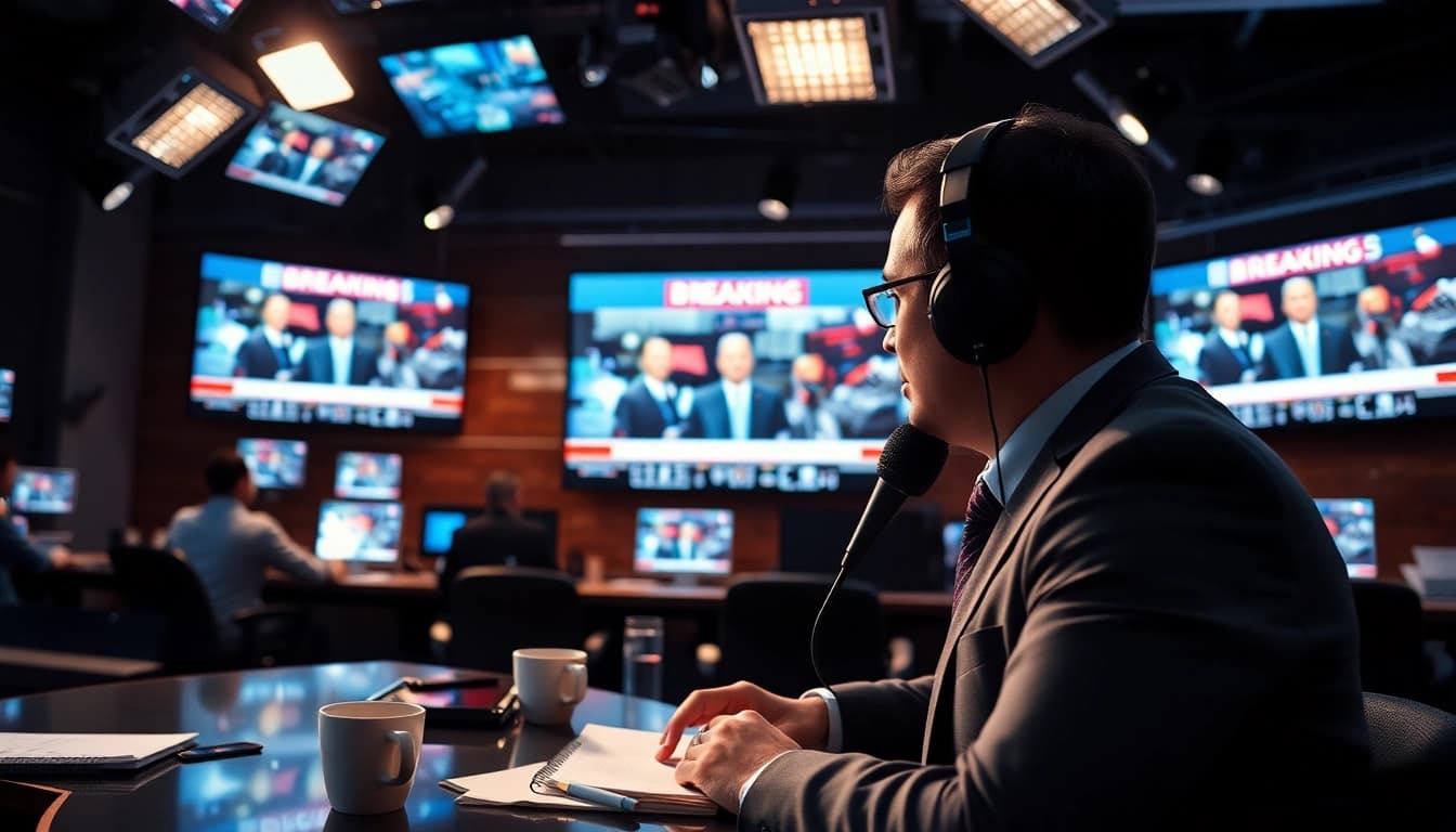 Catch the latest news headlines in an engaging newsroom setting.