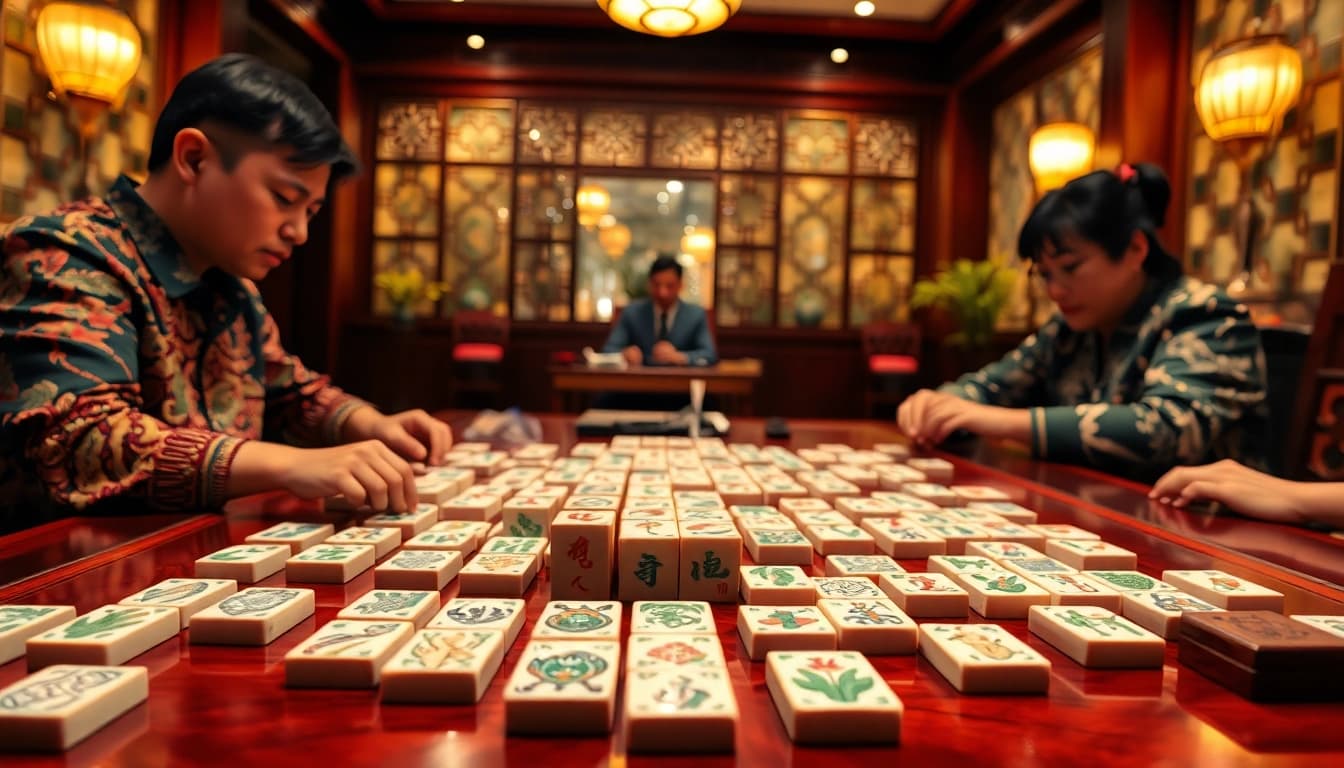 Bermain mahjong dengan keragaman ubin dan suasana hangat di ruang permainan.