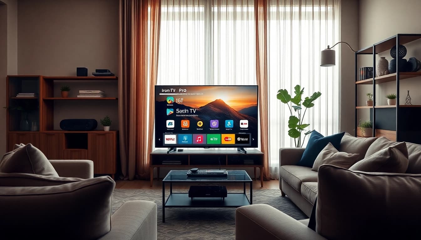 Showcase the Iron TV Pro interface on a modern smart TV in a stylish living room.