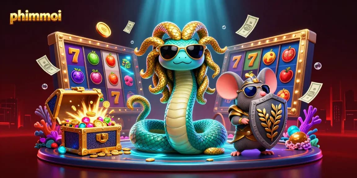 Experience thrilling gameplay with "phimmoi" in this vibrant casino scene, featuring a playful Medusa and warrior mouse.