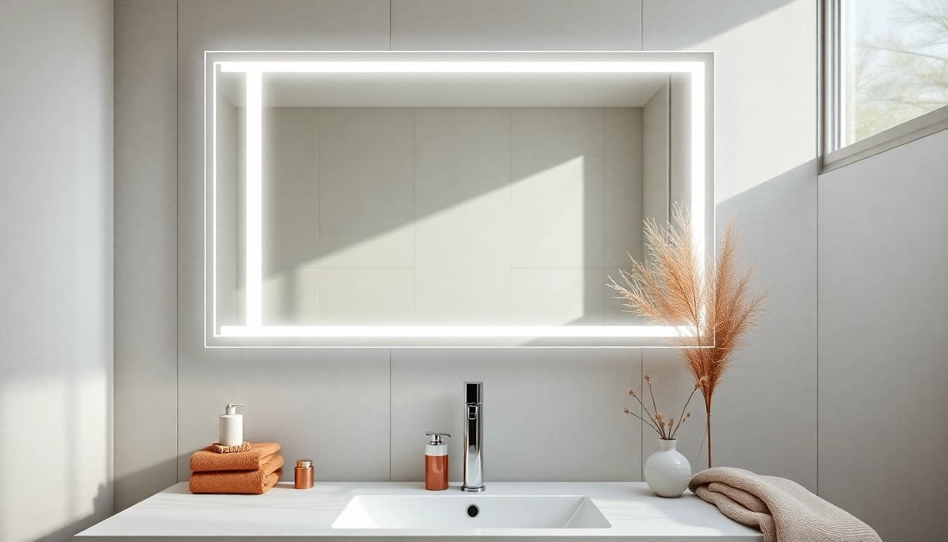 Stylish bathroom mirror with LED light illuminating a modern vanity for enhanced ambiance.