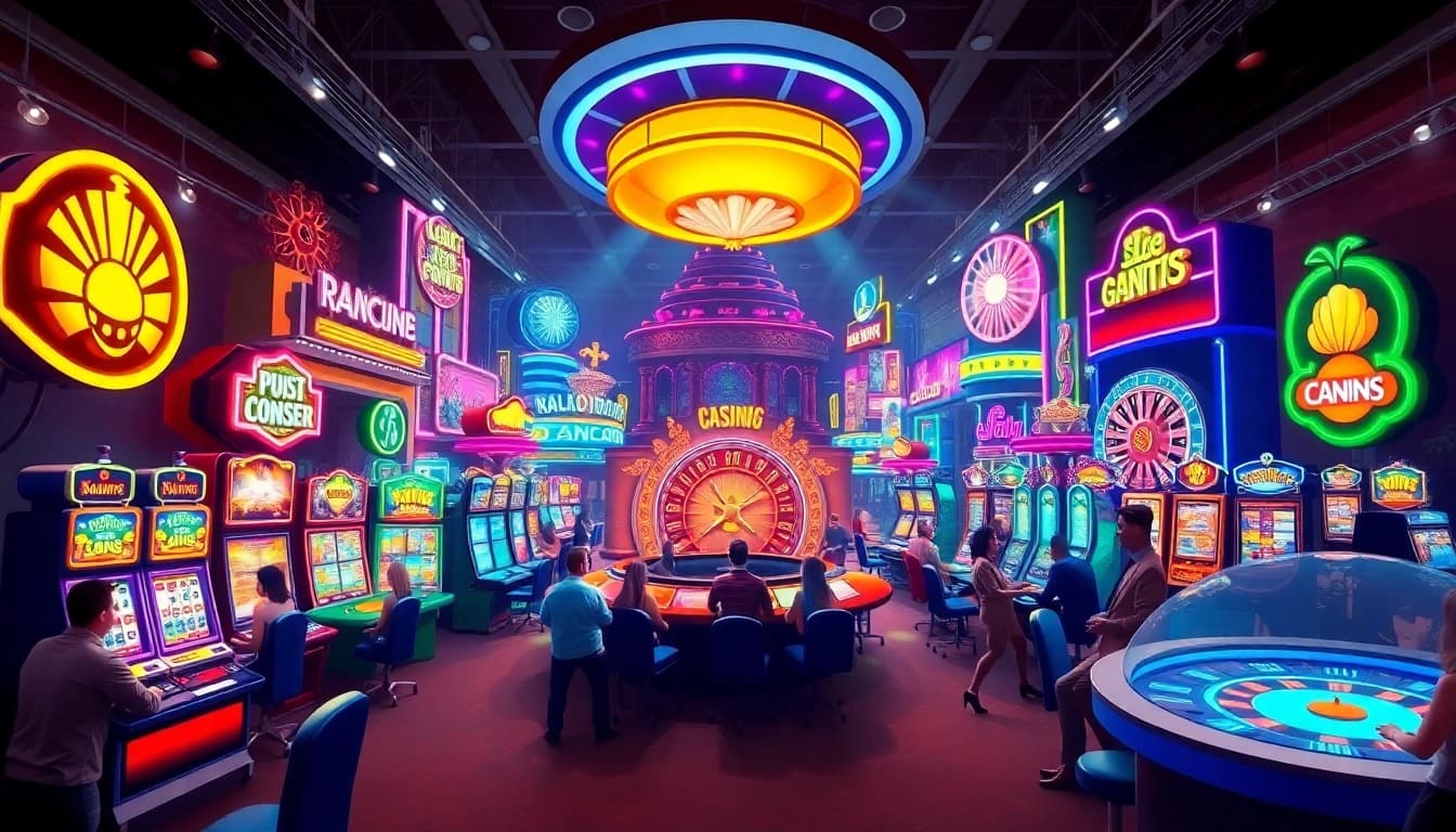 Exciting view of various casino sites featuring colorful gaming elements and eager players.
