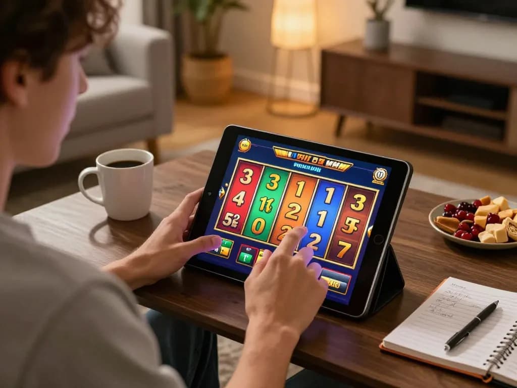 Player enjoying 32win slot game on tablet in cozy home, showcasing vibrant gameplay.