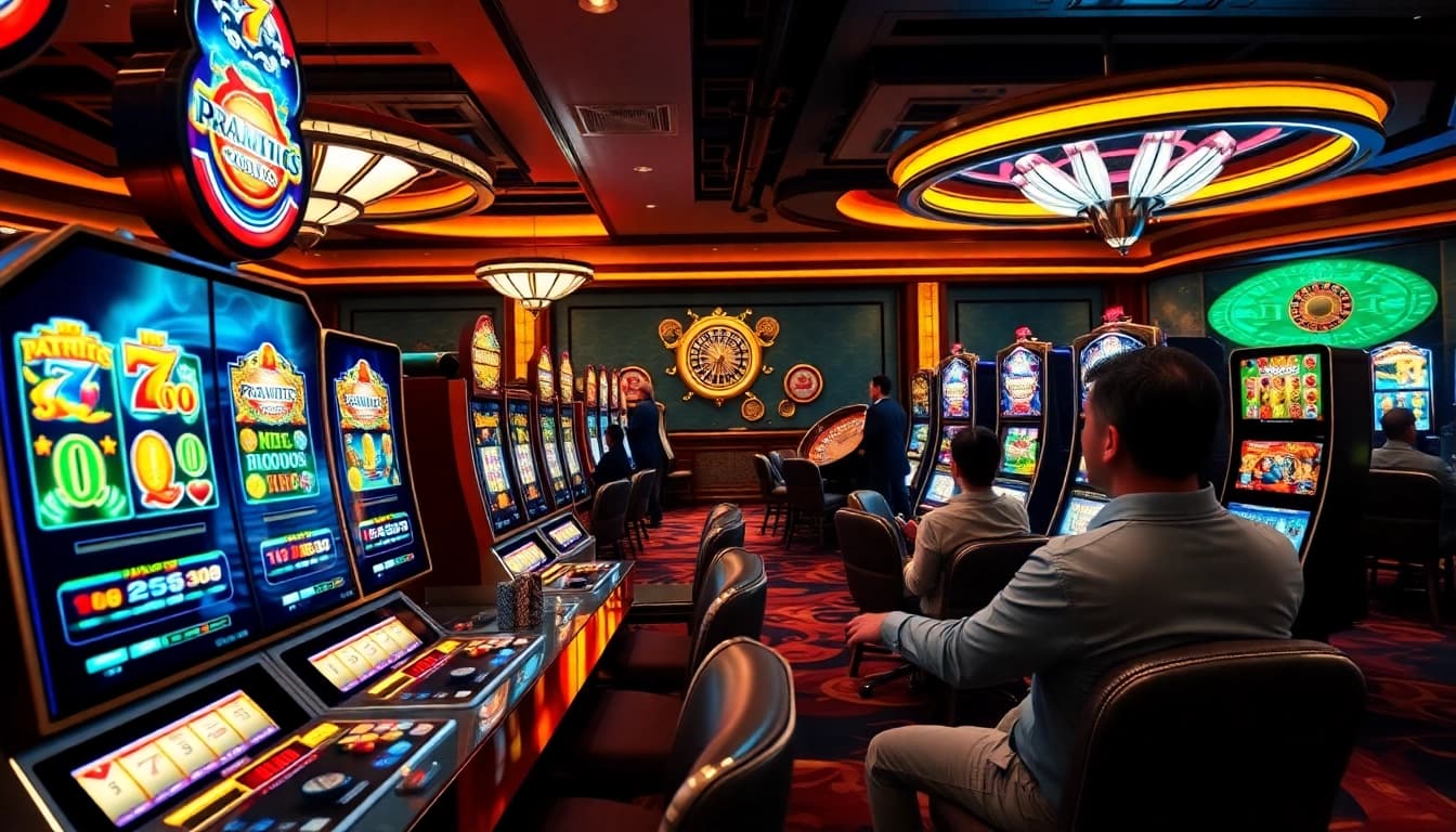 Players enjoying high-stakes gambling at pragmatic slot machines in a vibrant casino scene.