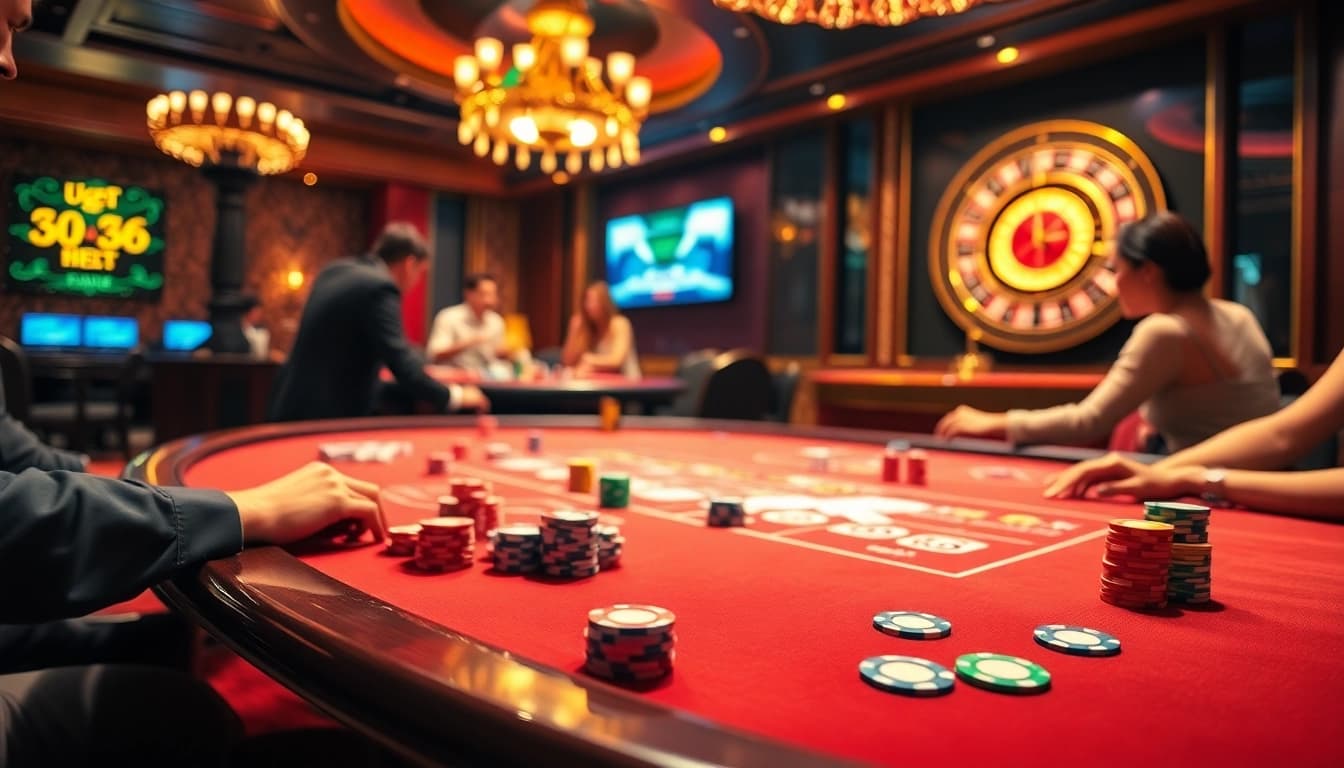 Excited players engage in a table game while enjoying the luxury of uu88 bet online gambling.