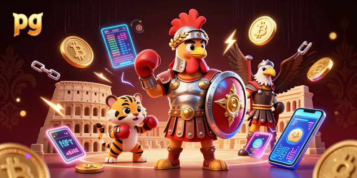 Engage in casino excitement with pg elements in a dynamic gambling illustration featuring a rooster and tiger cub.