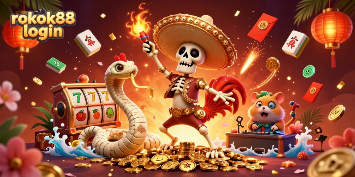 Experience the excitement of rokok88 login with vibrant casino characters dancing on coins.