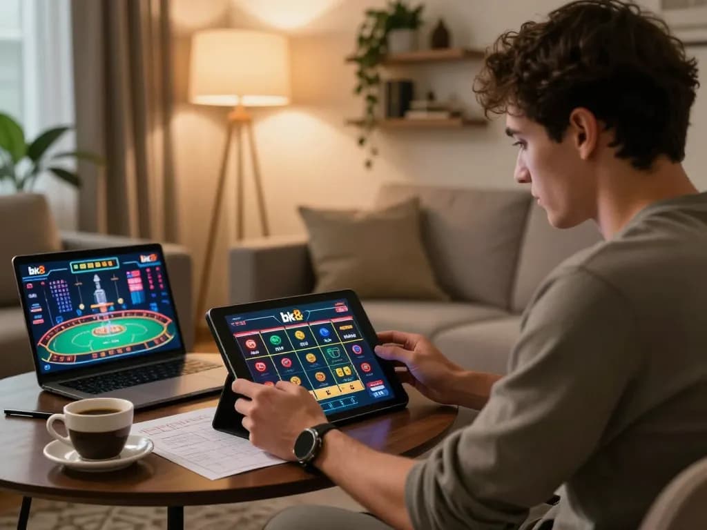 Player enjoying a strategic online gaming session on bk8's platform in a cozy, stylish home.