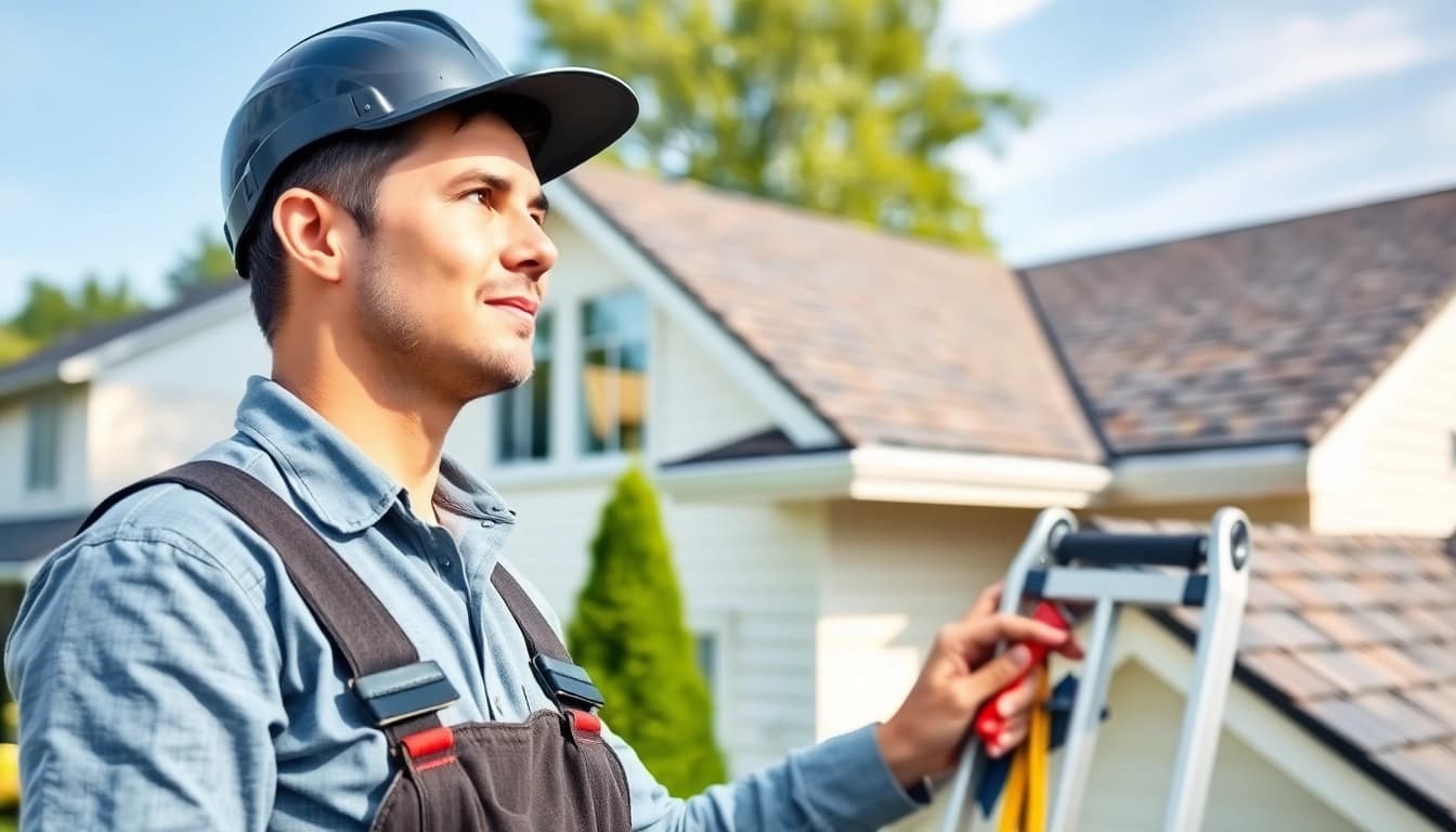 Inspecting a roof for Twin Shield Roofing with professional tools in a tranquil suburban setting.