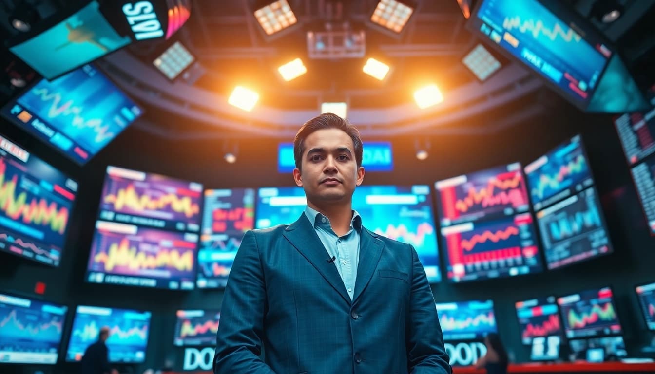Engaging news reporter delivering breaking news updates in a vibrant newsroom.
