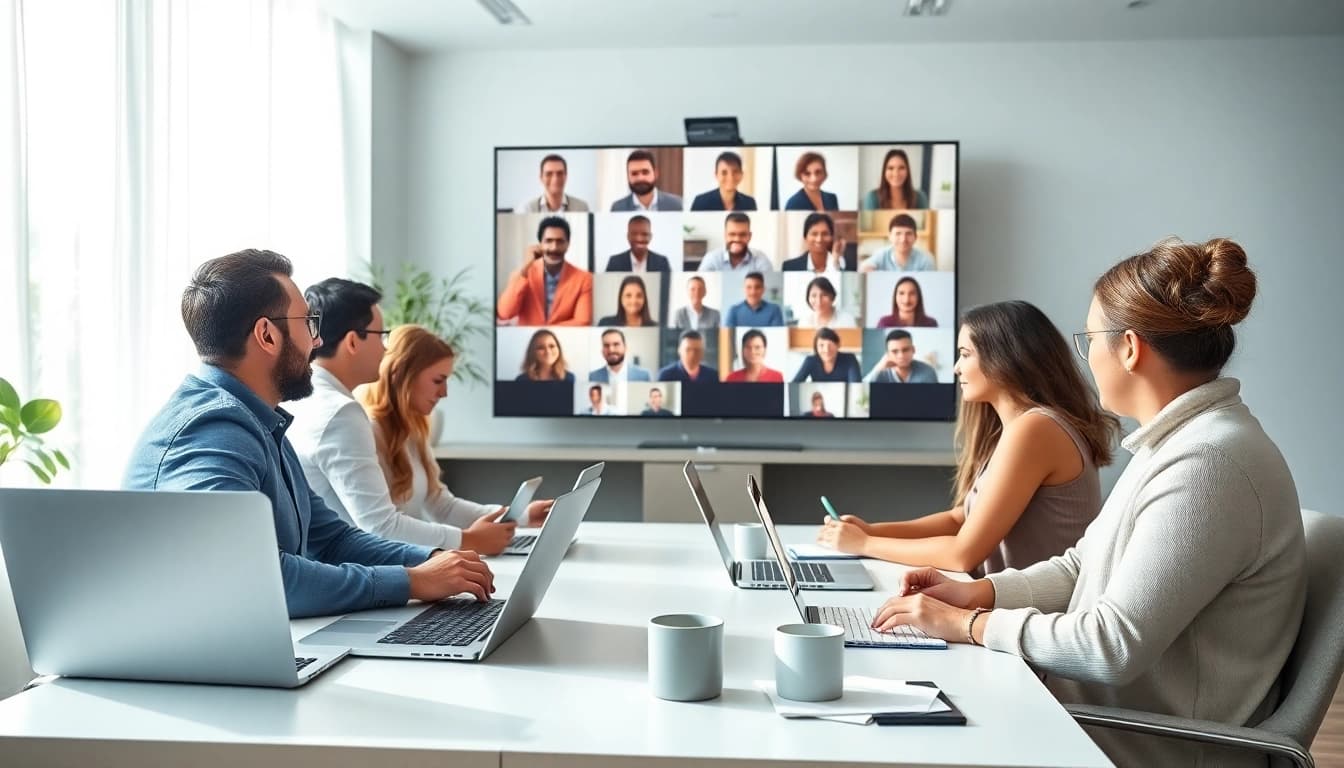 Teams下载 showcased in a modern office with diverse professionals collaborating via video conference and digital devices.