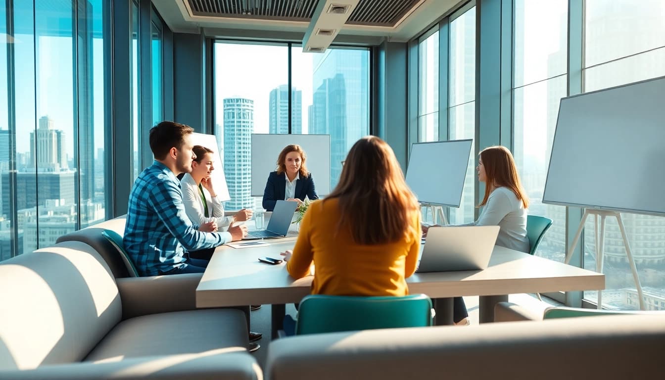 Business team collaborating in a modern office setting with diverse members engaged in discussion.