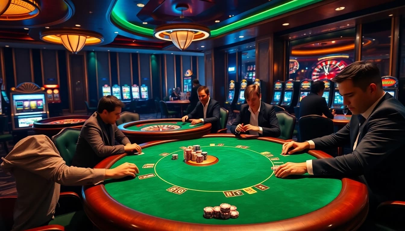 Experience the excitement of SODO Casino with players strategizing at a luxurious poker table.