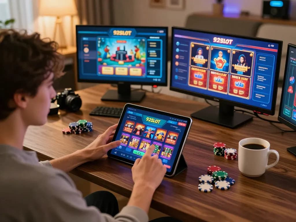 Player enjoying 92slot online casino gaming on a tablet at home, surrounded by poker chips and cozy ambiance.