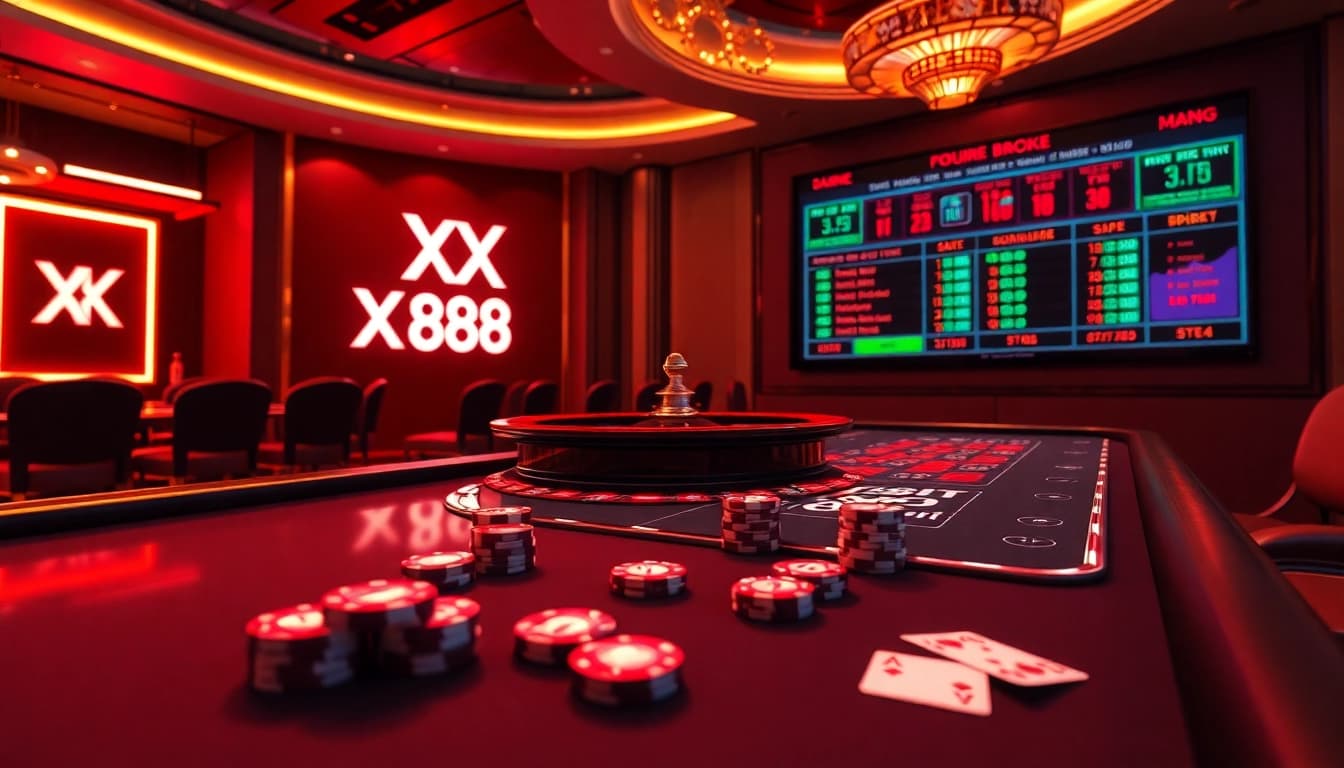 Experience the thrill of online gambling with XX 88, featuring a luxurious virtual casino setup with poker chips and cards.