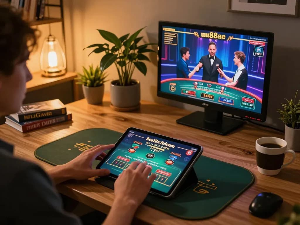 Player engaging in live casino games on a tablet showcasing the uu88ae platform in a cozy gaming environment