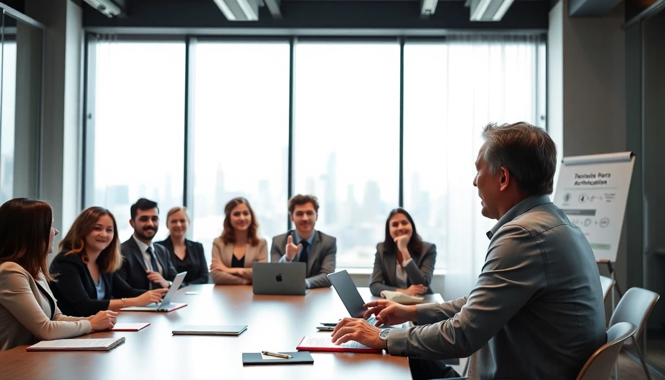Executive Communication Coach engaging professionals in a modern workshop environment.