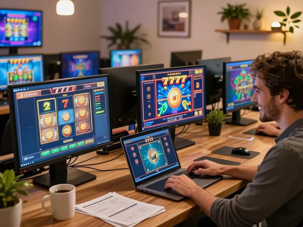Player enjoying a slot777 game on multiple screens at home, showcasing excitement and online betting.