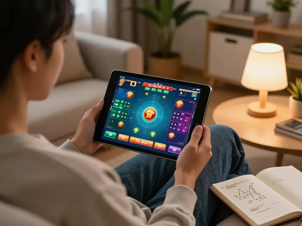 Engaging in tài xỉu online on a tablet in a cozy home setting with a strategic notebook.