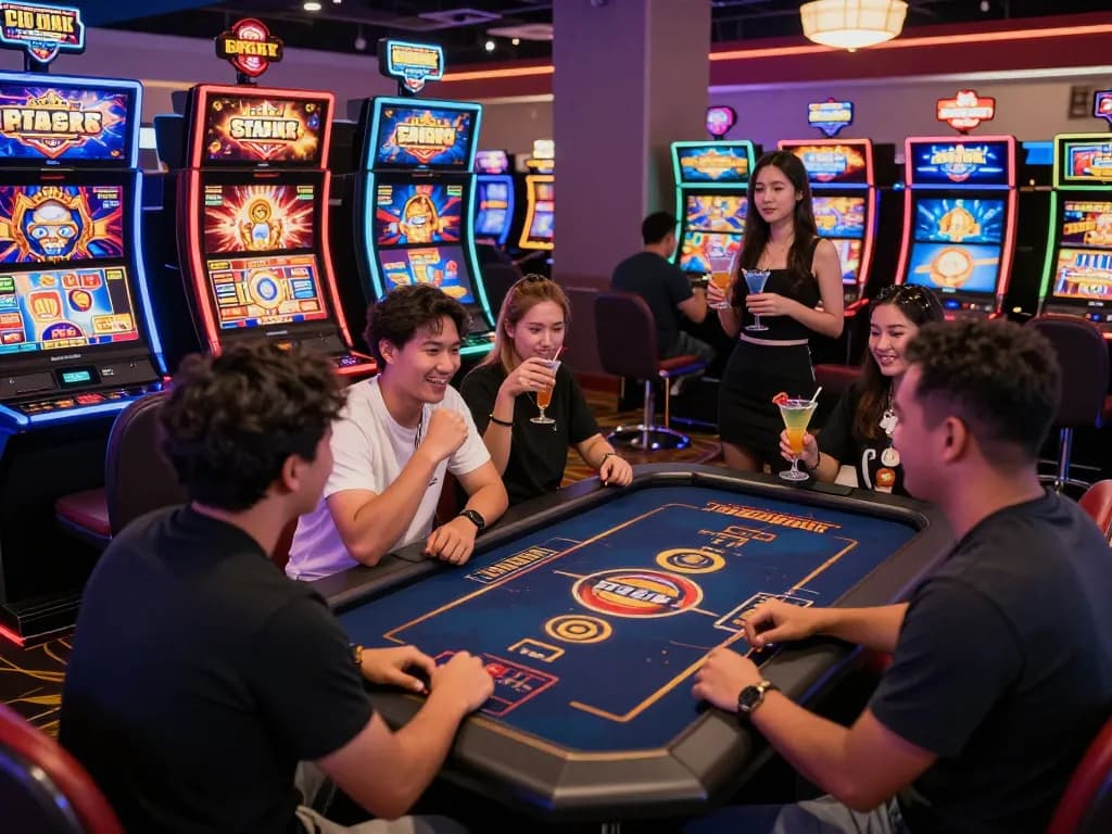 Pemain situs slot gacor menikmati pengalaman bermain kasino online yang cerah dengan mesin berwarna-warni.