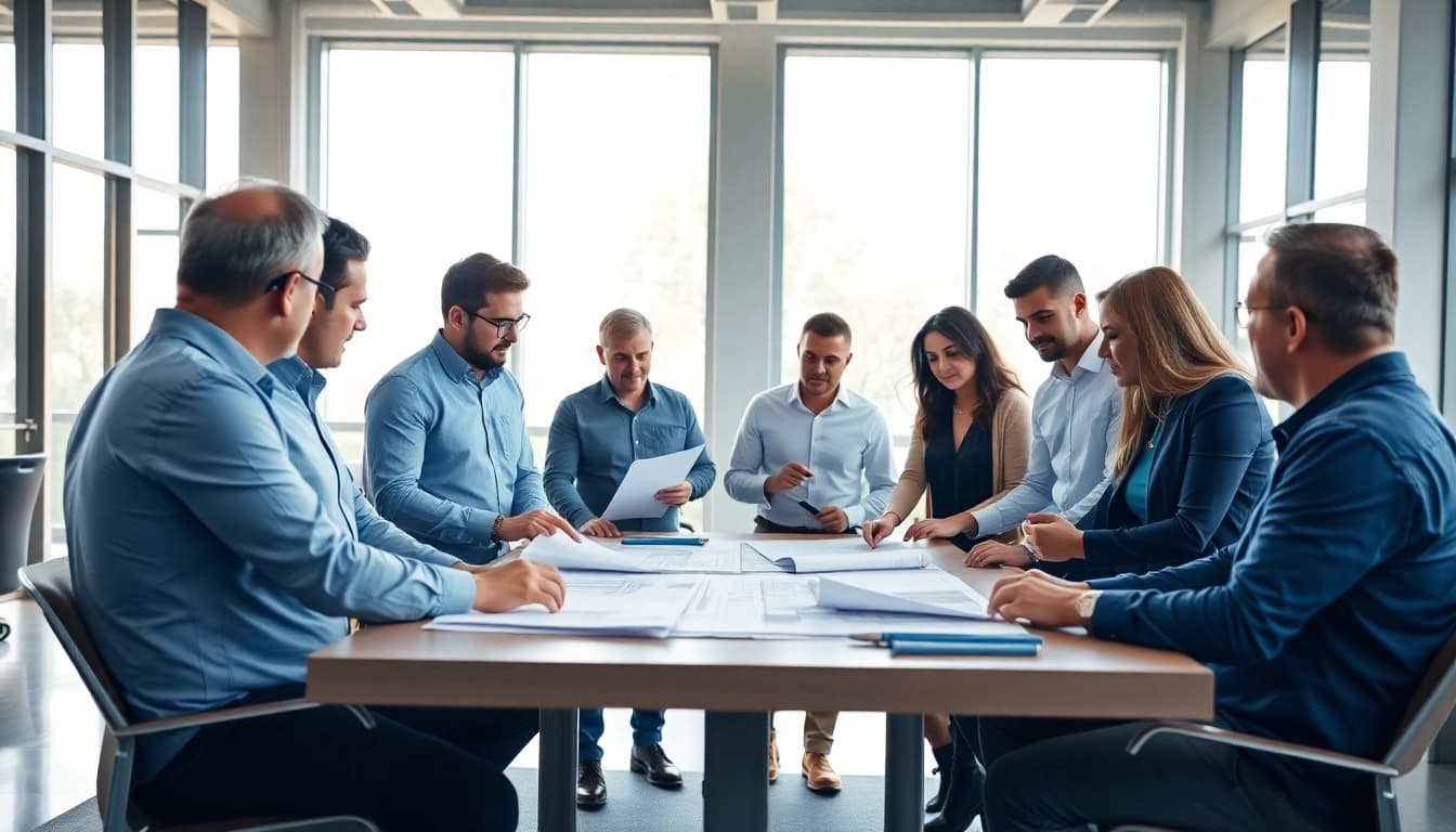 Dynamic scene showcasing construction association professionals collaborating on project plans.