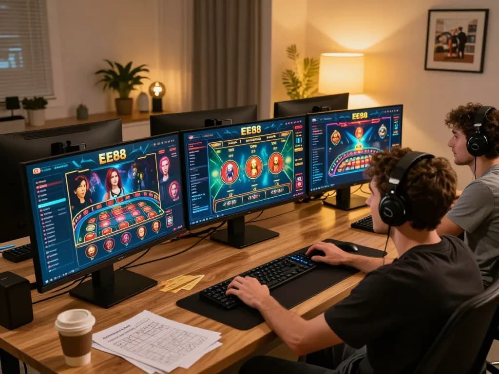Player exploring EE88 online casino on multiple screens, creating a dynamic gaming atmosphere.