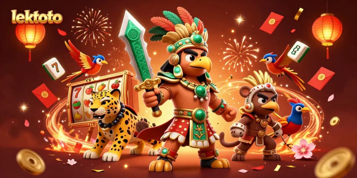 Experience the excitement of lektoto with an Aztec warrior and slot game elements in a vibrant 3D casino scene.