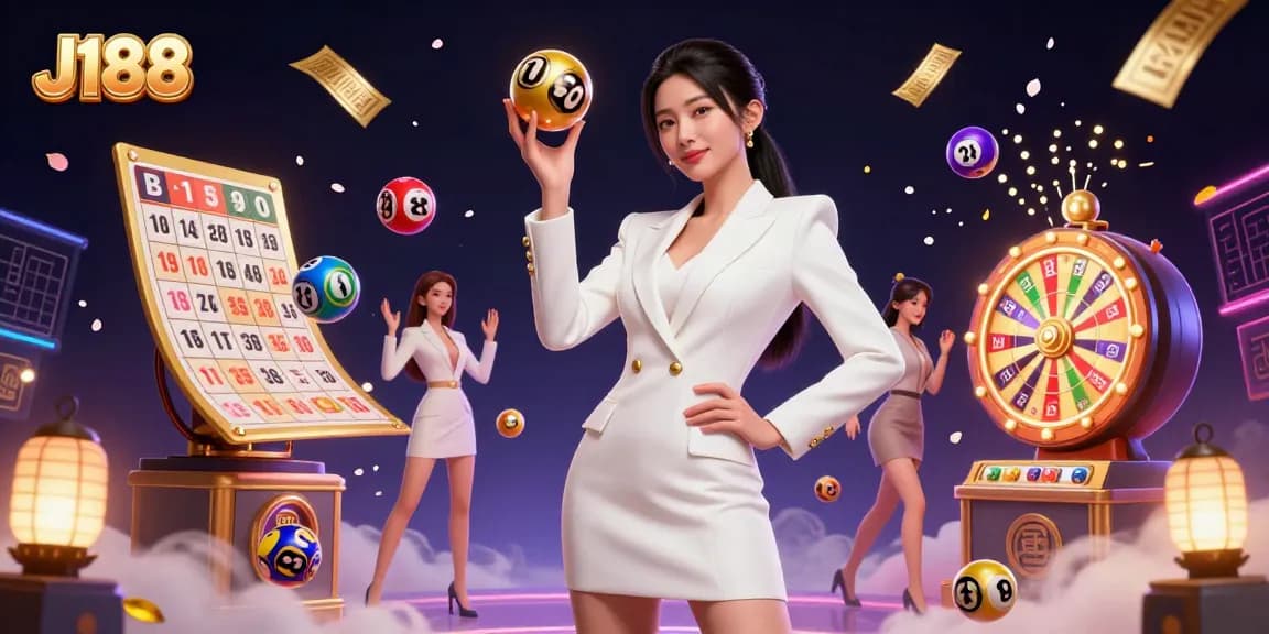 Experience thrilling games at J188 with a glamorous Asian woman holding a roulette ball amidst dynamic casino elements.