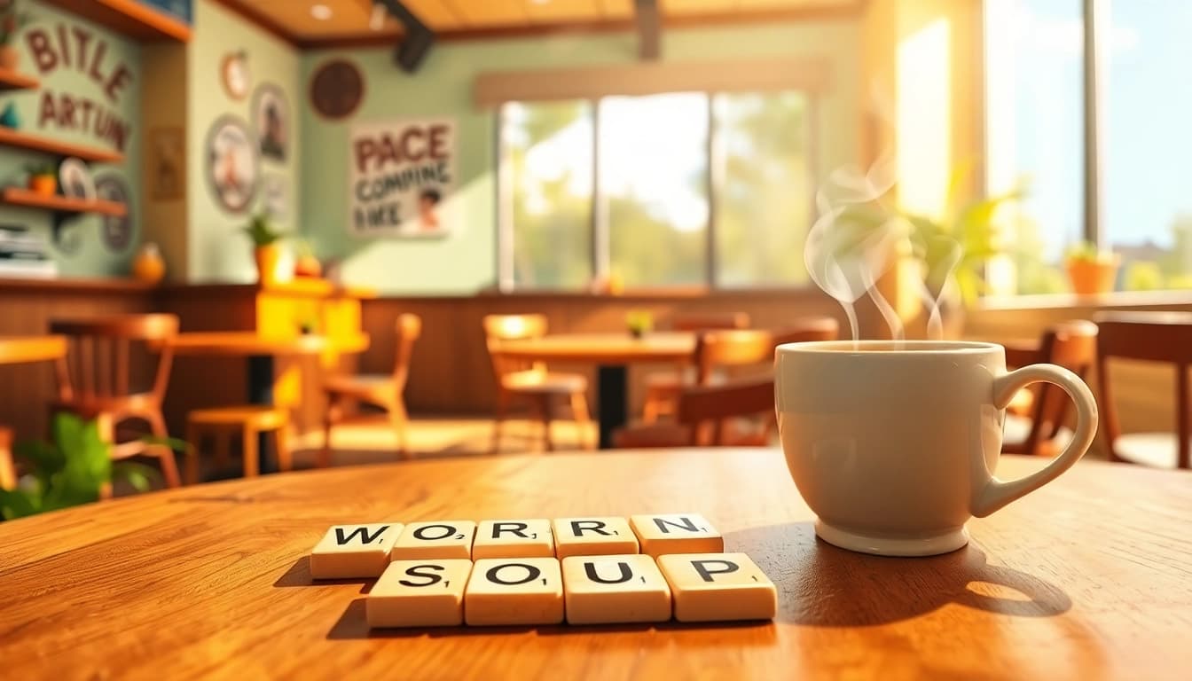 Engaging scene of Word Soup game with scrabble tiles and coffee on a wooden table.