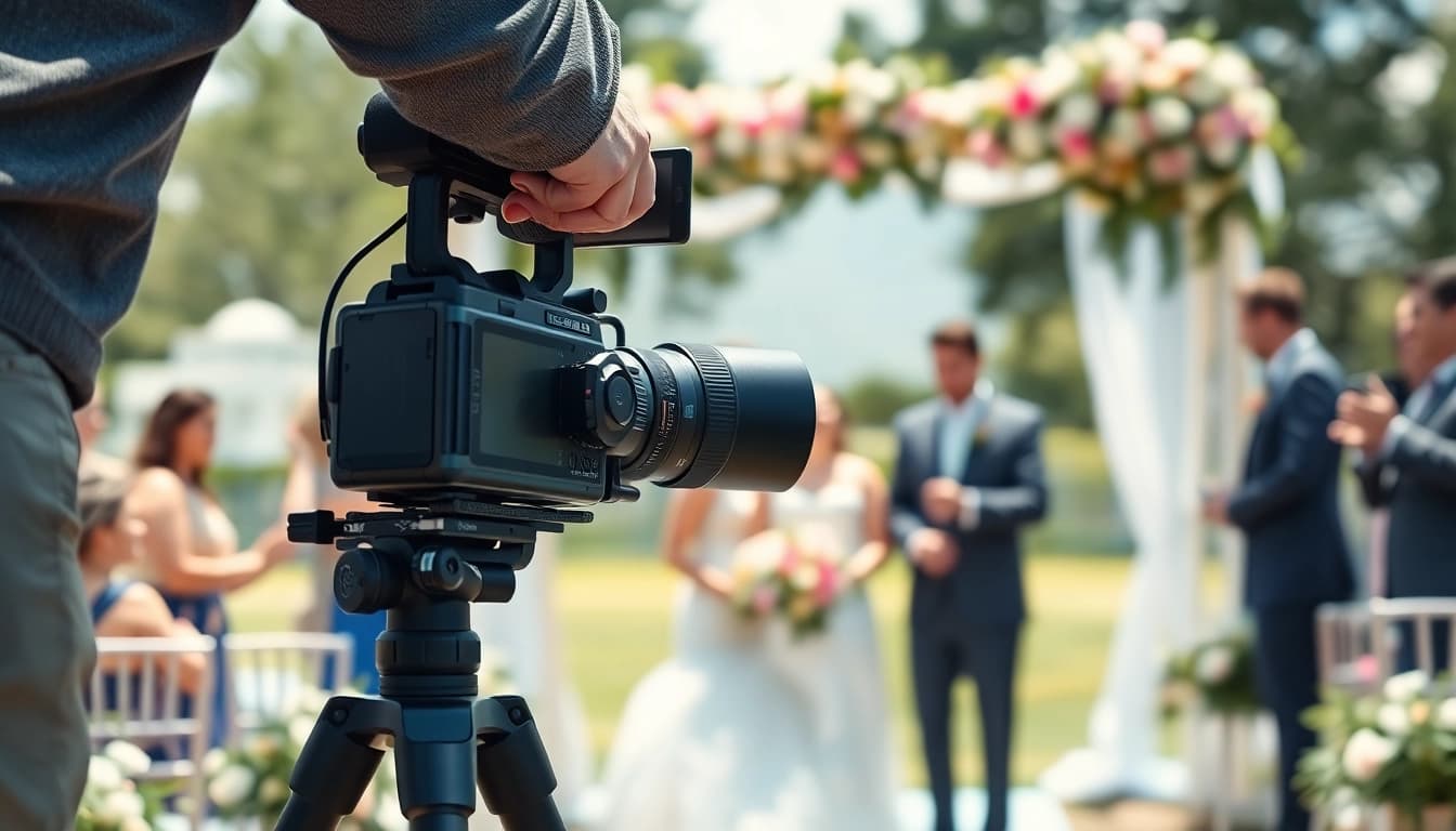Edmonton videographer capturing a wedding scene with joyful guests and a sunny backdrop.