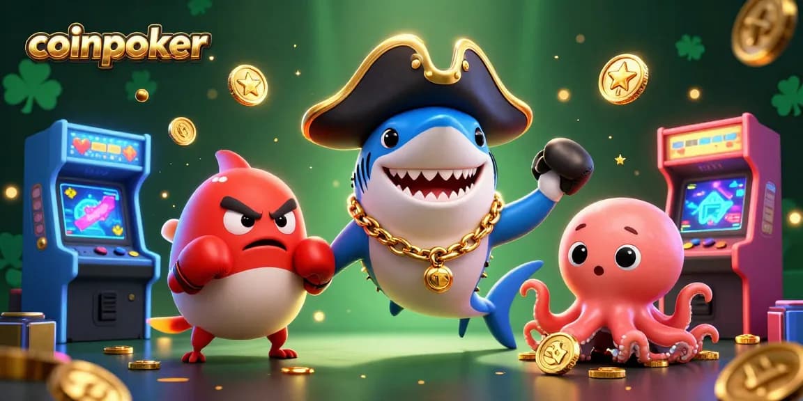 Essayez CoinPoker avec un requin pirate et un poisson-globe pour gagner des jetons dans un décor ludique.