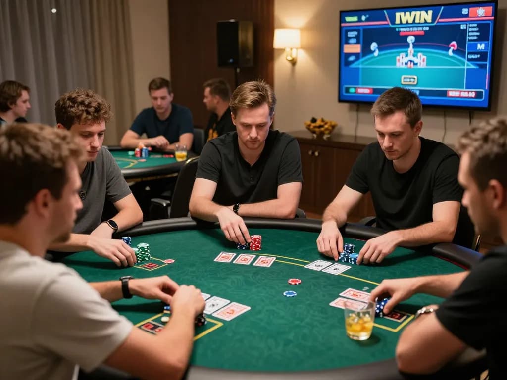 Iwin players strategizing in a dynamic online poker tournament at home.