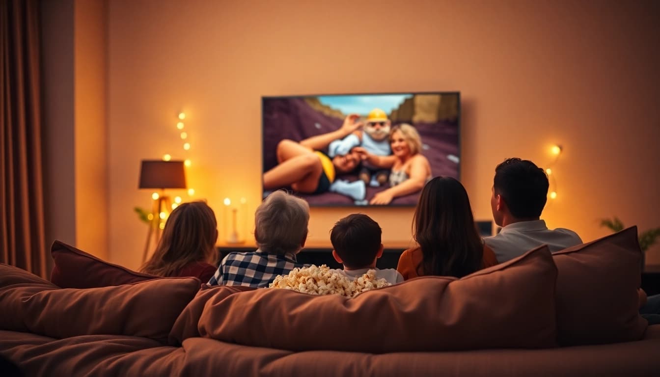 Enjoy family time watching TV series free with a cozy home setup.